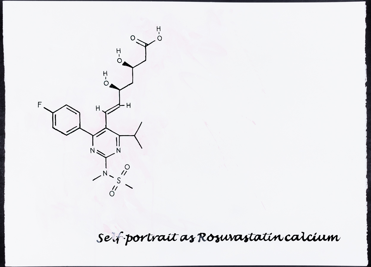 <br/>Self-Portrait as Rosuvastatin Calcium, 2009<br/>22" x 30"<br/>acrylic and opaque marker on paper